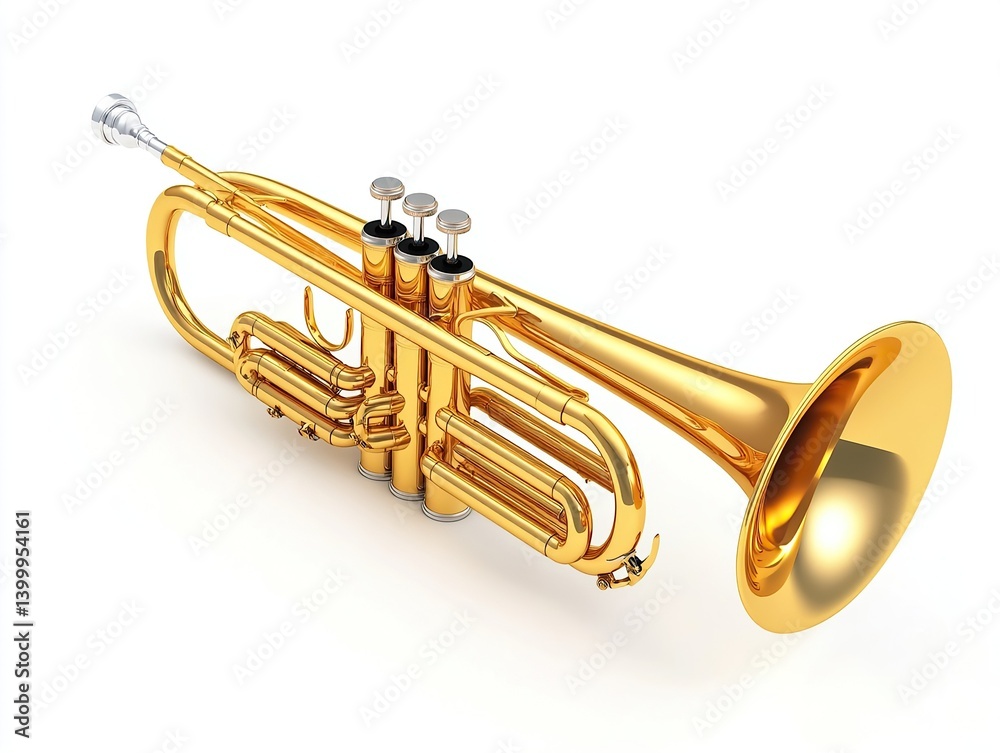 Obraz premium Shiny gold trumpet on a white background. Musical instrument for band, orchestra, and solo performances.