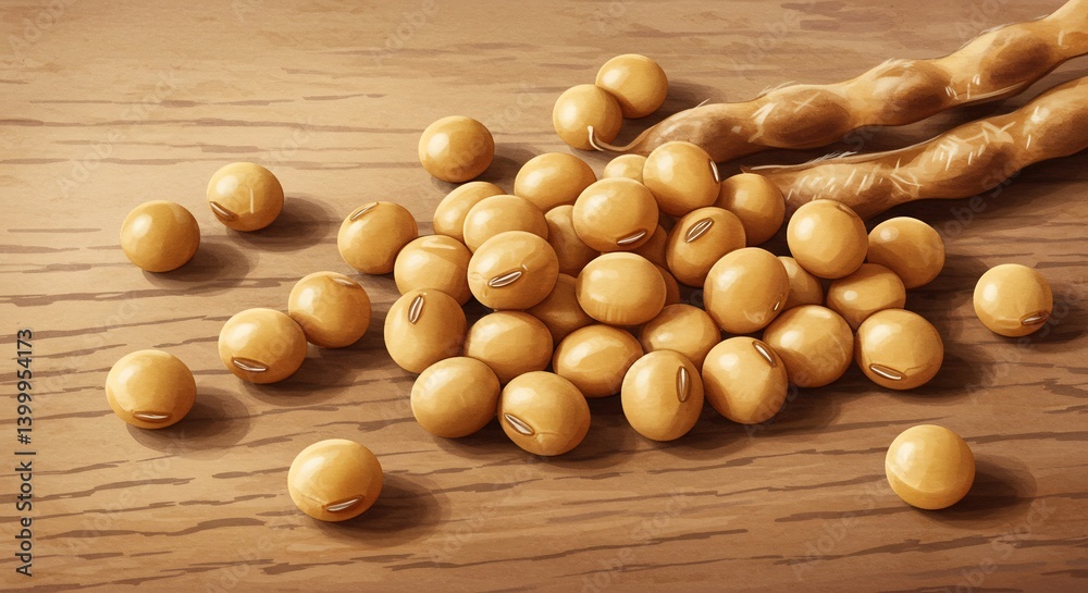 Soybeans spill softly on warm wood. AI Generated Soybeans spill softly on warm wood. AI Generated