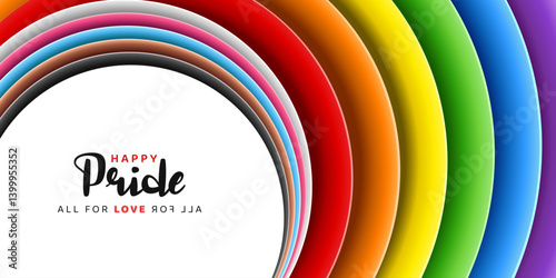 happy pride month background with round pride rainbow gradient color and calligraphy