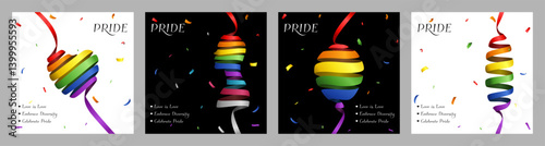 pride month social media post template design with illustration creative 3d rainbow curled ribbon effect