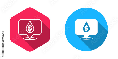Filled and outline Oil drop with dollar symbol icon isolated with long shadow background. Oil price. Oil and petroleum industry. Vector