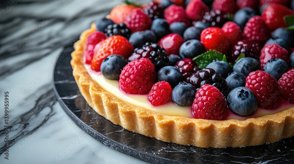Delicious Berry Tart On A Marble Background. A Vibrant Dessert Featuring A Creamy Custard Filling And Mixed Fresh Berries. Delicious Berry Tart On A Marble Background. A Vibrant Dessert Featuring A Creamy Custard Filling And Mixed Fresh Berries.