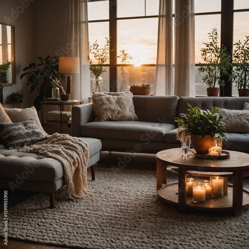 A cozy living room with a soft grey couch, woven rug, coffee table with candles and a plant, large windows letting in golden hour light, warm, modern, and inviting feel
