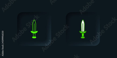 Green Medieval sword icon isolated on black background. Medieval weapon. Black square button. Vector