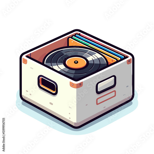 Vinyl record box with album collection inside. Perfect for music storage solutions, record collector illustrations, vintage audio equipment, or retro music shop branding.