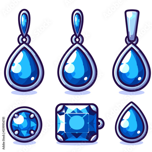 Collection of blue gemstone jewelry elements in various shapes. Ideal for jewelry store catalogs, precious stone guides, accessory design references, or gem cutting education.