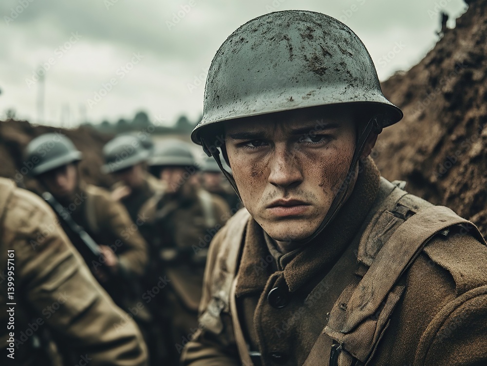 Fototapeta premium Soldier in Trenches: A gritty portrait of a war-weary soldier amidst the harsh reality of trench warfare.