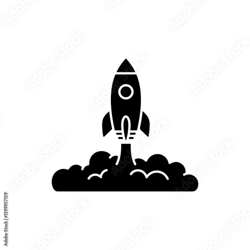 Rocket Launching Upwards with Smoke Clouds, Flat Style
