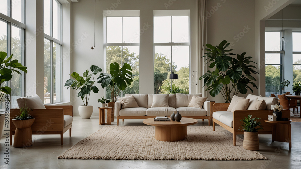 Fototapeta premium Scandinavian minimalist living room gray couch wooden furniture tropical plants beige earth tones natural light bright airy decor cozy space premium interior design photo