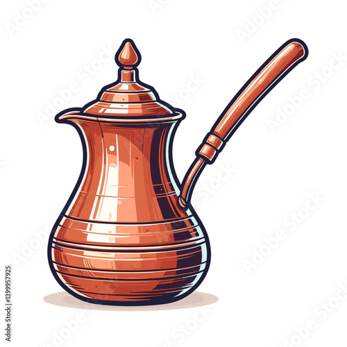 Traditional copper coffee pot with long handle in Middle Eastern style. Perfect for cultural beverages, ethnic kitchenware and traditional brewing illustrations.