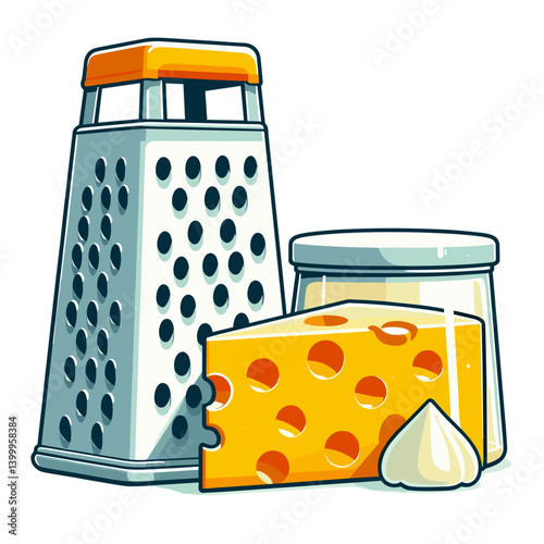 Cheese grater with yellow cheese and jar in kitchen still life. Perfect for food preparation, cooking accessories and culinary equipment illustrations.