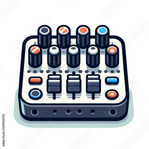 Digital music controller with knobs and sliders in compact design. Perfect for electronic music production, DJ equipment catalogs, and audio mixing interface illustrations.