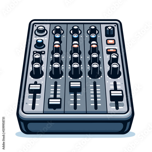 Professional audio mixer with multiple channels in dark blue. Perfect for sound engineering studios, music production equipment, and DJ performance tools.