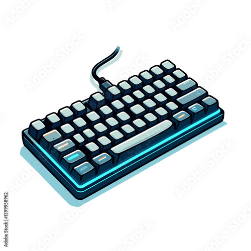Computer keyboard with blue backlight in minimalist design. Ideal for office equipment catalogs, gaming accessories, and tech peripheral illustrations.