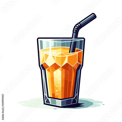 Glass of orange juice with ice cubes and straw. Ideal for breakfast beverage illustrations, fresh drink imagery, citrus juice advertisements, or healthy refreshment concepts.
