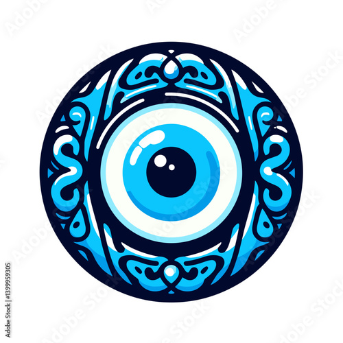 Decorative evil eye protection amulet in blue. Perfect for cultural talisman illustrations, traditional protective symbols, Mediterranean folklore, or spiritual defense concepts.