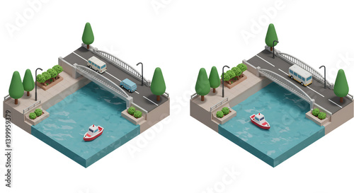 Isometric Bridge Scene: 3D Render with River and Vehicles