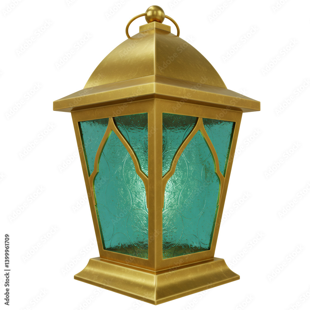 Gold Metal Lantern with Teal Glass Panels and Sparkling Light Gold Metal Lantern with Teal Glass Panels and Sparkling Light