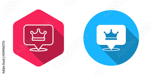 Filled and outline King crown icon isolated with long shadow background. Vector