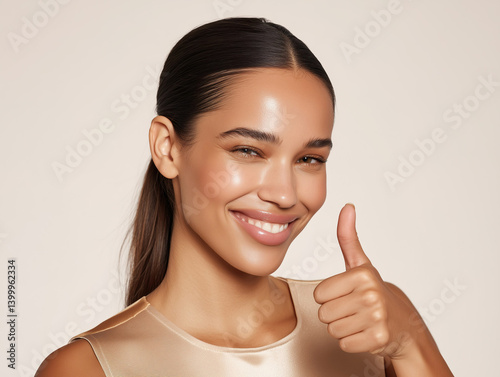 Cheerful Hispanic model doing thumb up on studio background wearing ivory satin dress.