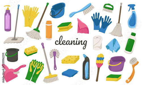 Big Vector Set of Items for Spring Cleaning of the House. Illustration for various designs with attributes for cleaning.