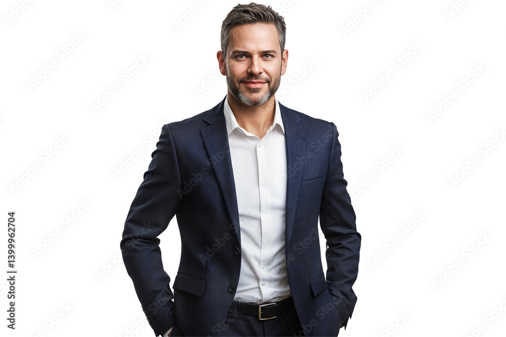 Confident young businessman with beard in navy blue suit and white shirt isolated on transparent background Confident young businessman with beard in navy blue suit and white shirt isolated on transparent background
