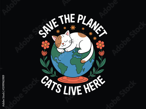 Save the Planet Cats Earth T-Shirt Vector