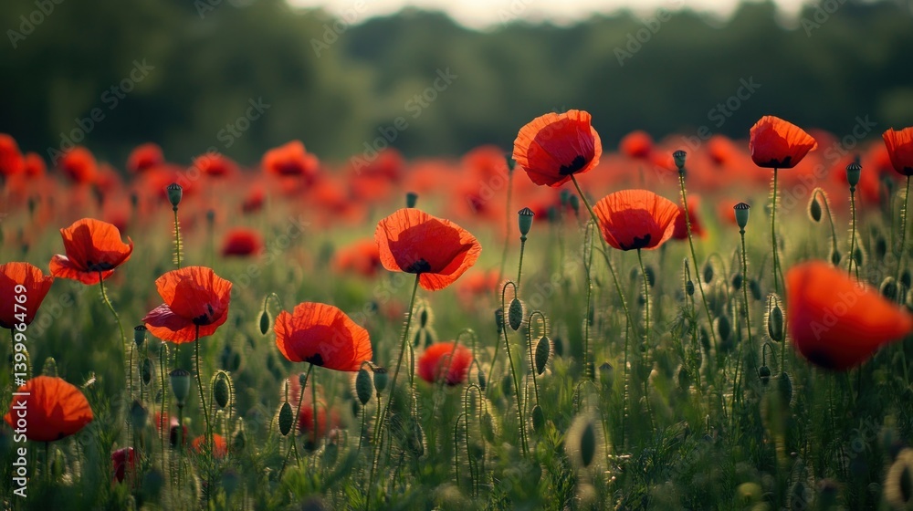 Obraz premium Lush poppy field at sunset. Vibrant red poppy flowers bloom in a vast field of green grass under a golden evening sky.
