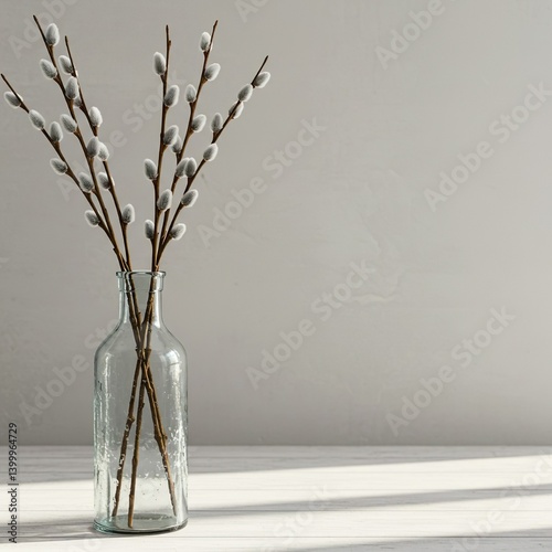  A small bouquet of spring wildflowers sprigs of blooming willow in a simple glass jar.
