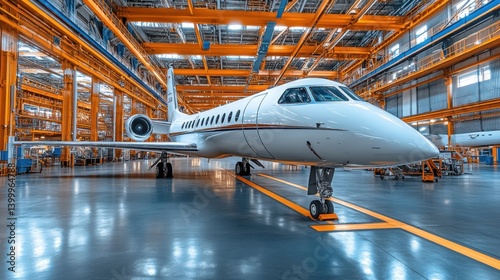 A sleek business jet on the hangar floor, surrounded by maintenance equipment in a busy facility