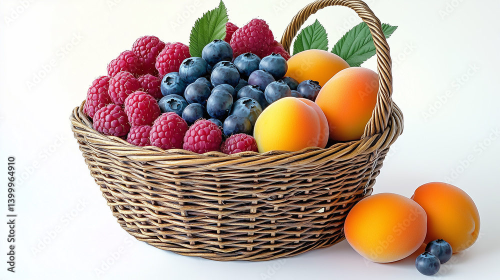 Fresh basket of mixed berries and apricots with green leaves Fresh basket of mixed berries and apricots with green leaves