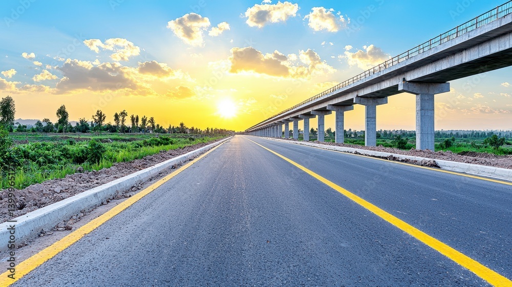 Fototapeta premium Asphalt Road Leading to Sunset with Elevated Highway Bridge