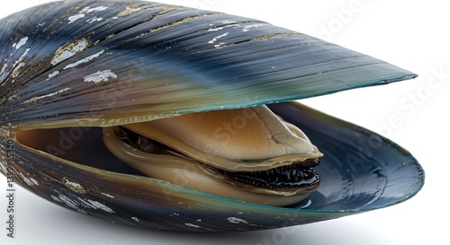 Close-up Studio Shot of a Mussel Shell with Unique Interior Detail AI Generated photo