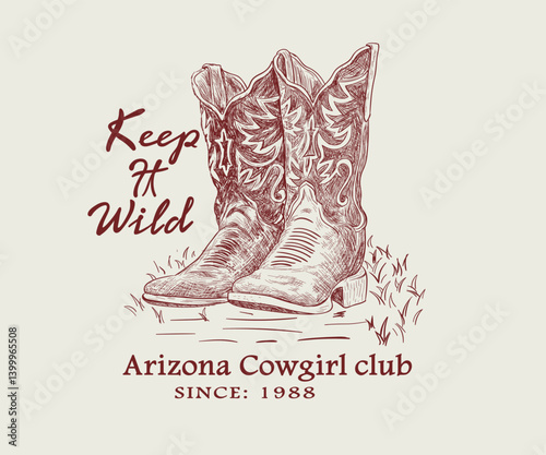 Western cowgirl boots vector art, Vintage Cowgirl  hand drawn illustration, Cowgirl desert artwork for t shirt, poster, wall decoration  