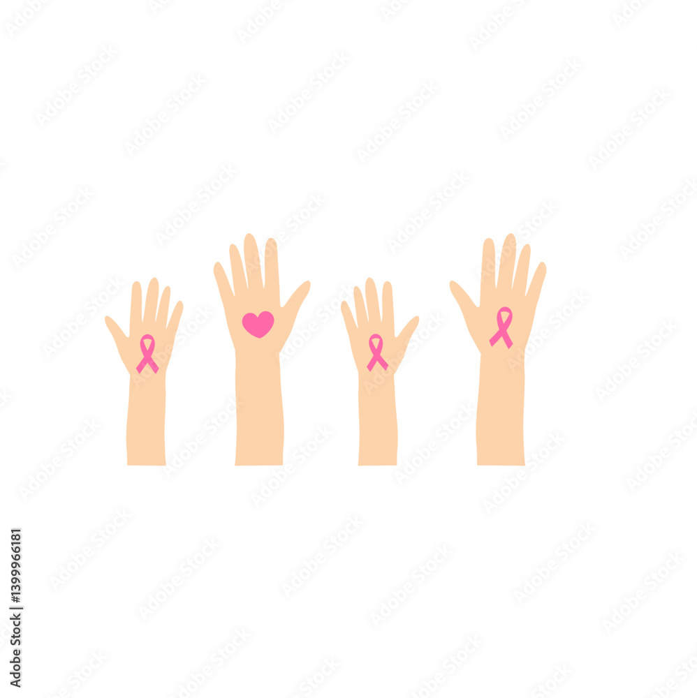 Breast cancer awareness hands. Human hands with pink ribbons support symbol. Breast cancer awareness hands. Human hands with pink ribbons support symbol.