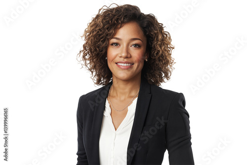 Smiling African American businesswoman in black blazer and white shirt posing confidently shirt isolated on transparent background