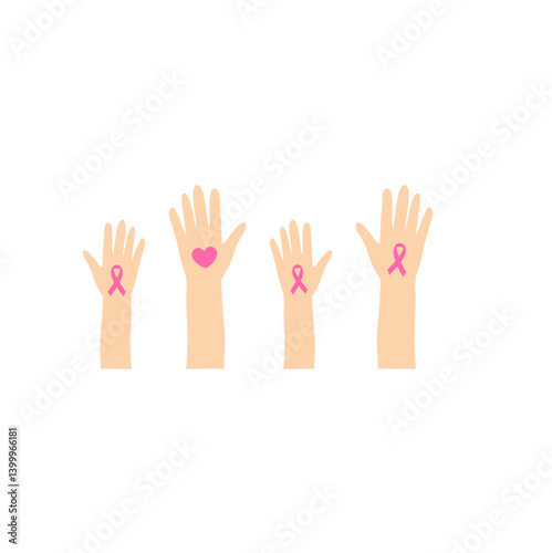 Breast cancer awareness hands. Human hands with pink ribbons support symbol.