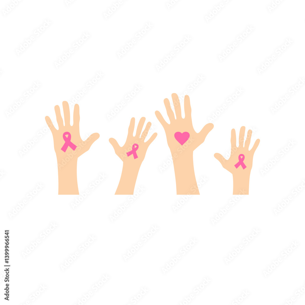 Breast cancer awareness hands. Human hands with pink ribbons support symbol. Breast cancer awareness hands. Human hands with pink ribbons support symbol.