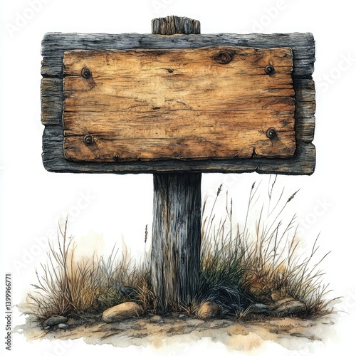 Rustic wooden signpost in a natural setting.  A weathered, blank sign on a weathered wooden post, surrounded by dried grasses and small stones.  