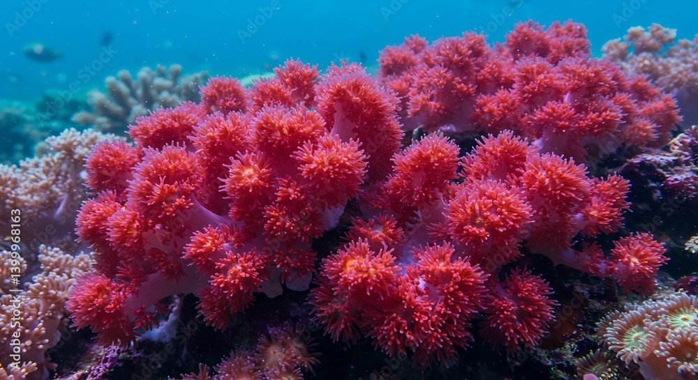 Fototapeta premium Vibrant Coral Reef Underwater Scene Ocean Life Stunning Red Coral Blooms Undersea Beauty Delicate Coral Formation Red Coral Garden Underwater Paradise Sublime Coral Underwater Photography AI Generated