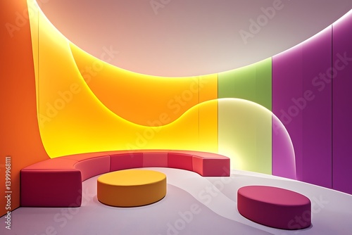 A colorful, curved waiting area with vibrant seating and lighting. photo