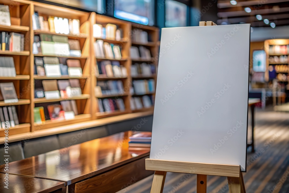 Blank canvas mockup on wooden easel in cozy bookstore interior. Realistic template for poster design, artwork presentation, or educational content display.