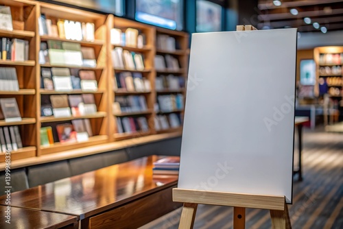 Obraz na płótnie Blank canvas mockup on wooden easel in cozy bookstore interior. Realistic template for poster design, artwork presentation, or educational content display. w salonie