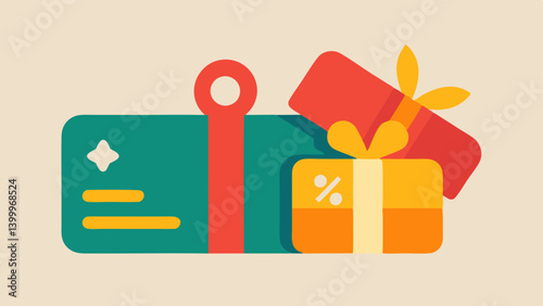 Gift Card with Discount Tag An illustration of a gift card adorned with a price slash and a vibrant tag displaying a discount signifying holiday gift shopping.