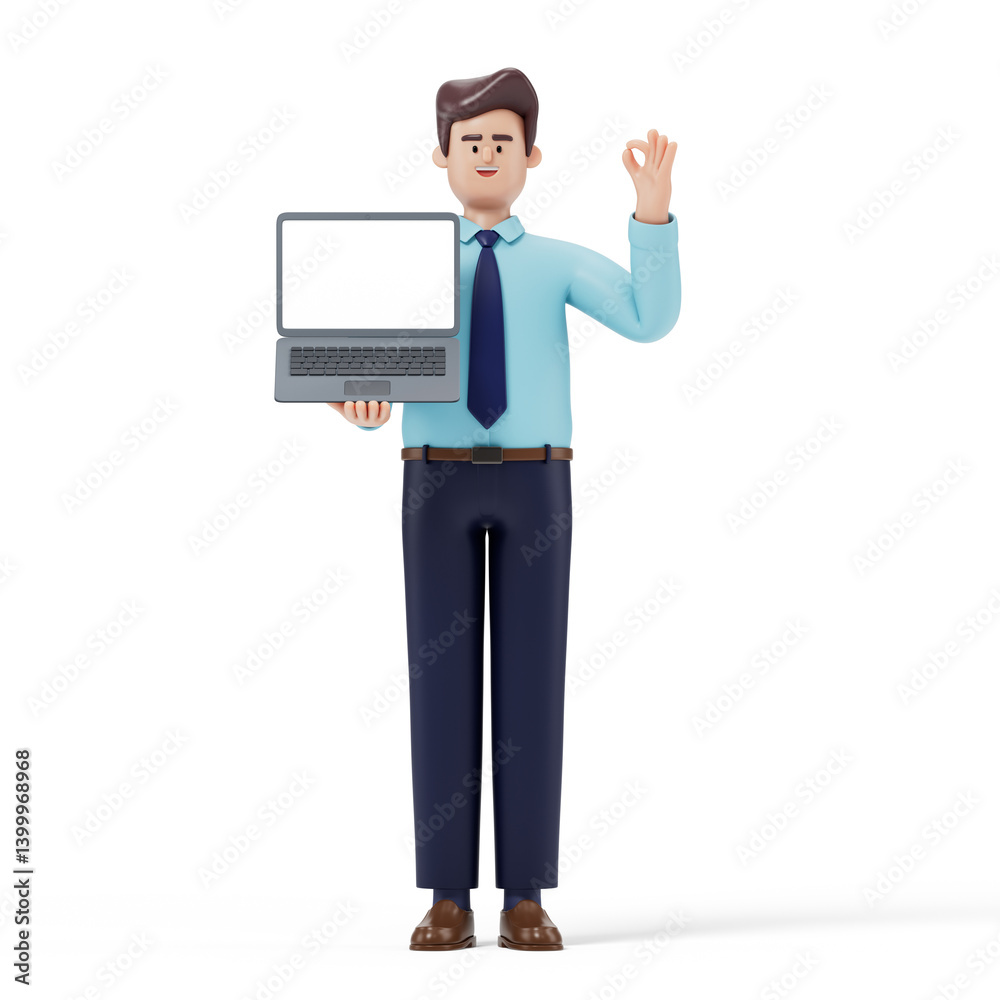 A man holds a laptop, left hand signaling okay, symbolizing tech proficiency and approval. 3D rendering, conceptual image. Isolated on white background. A man holds a laptop, left hand signaling okay, symbolizing tech proficiency and approval. 3D rendering, conceptual image. Isolated on white background.