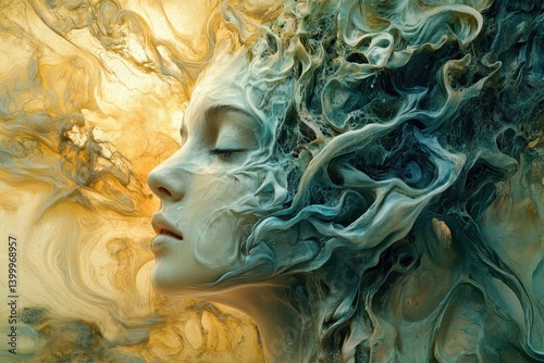 Ethereal Portrait with Flowing Colors and Abstract Swirls