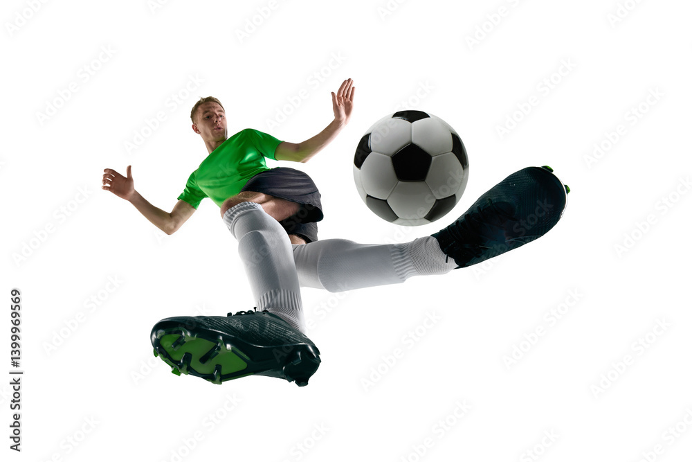 Low angle of male athlete, mid-air jump with extended leg striking ball, body tense against white studio background. Concept of professional sport, champion, training, tournament, energy. Ad