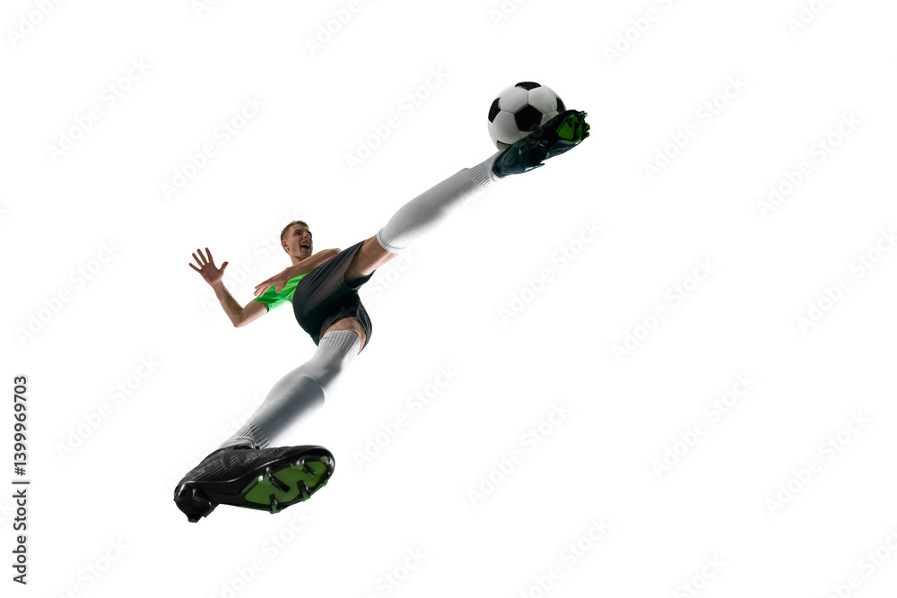 Low angle of young soccer player sprinting with ball, face focused, power in every step against white studio background. Concept of professional sport, training, tournament, energy. Ad