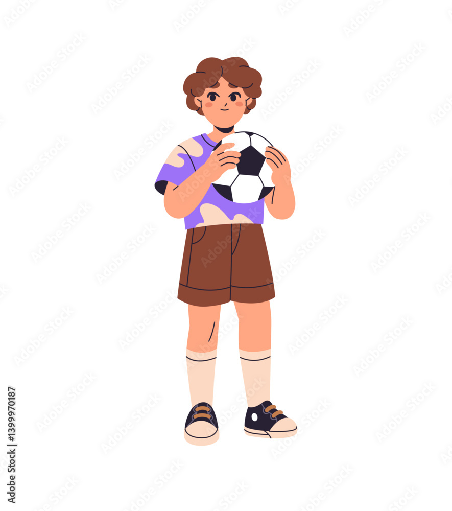 Cute kid in sportswear plays football. Happy boy stands, holds ball in hands. Young soccer player training, does sports workout for game, match. Flat isolated vector illustration on white background Cute kid in sportswear plays football. Happy boy stands, holds ball in hands. Young soccer player training, does sports workout for game, match. Flat isolated vector illustration on white background