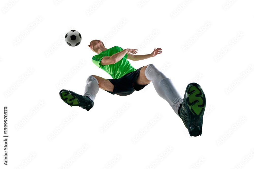 Low angle of male athlete, dressed sport uniform, soccer player jumping for header in motion against white studio background. Concept of professional sport, training, tournament, energy. Ad